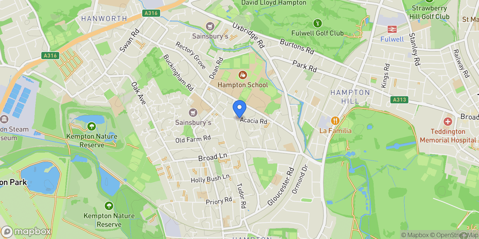Map showing Acacia Road, Hampton, England, United Kingdom.