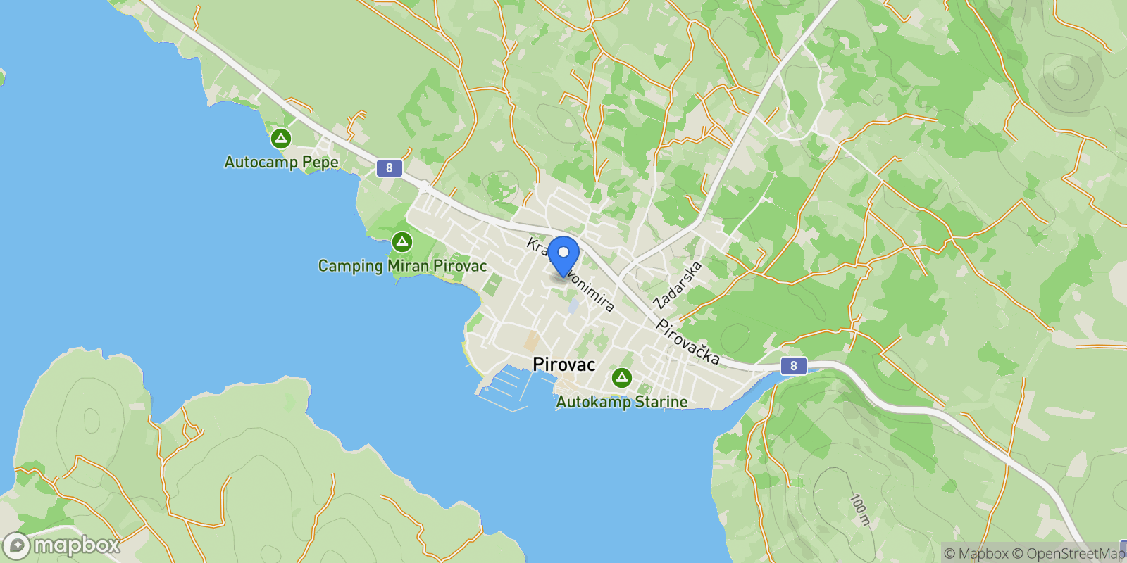 Map showing Pirovac, Sibenik-Knin County, Croatia.