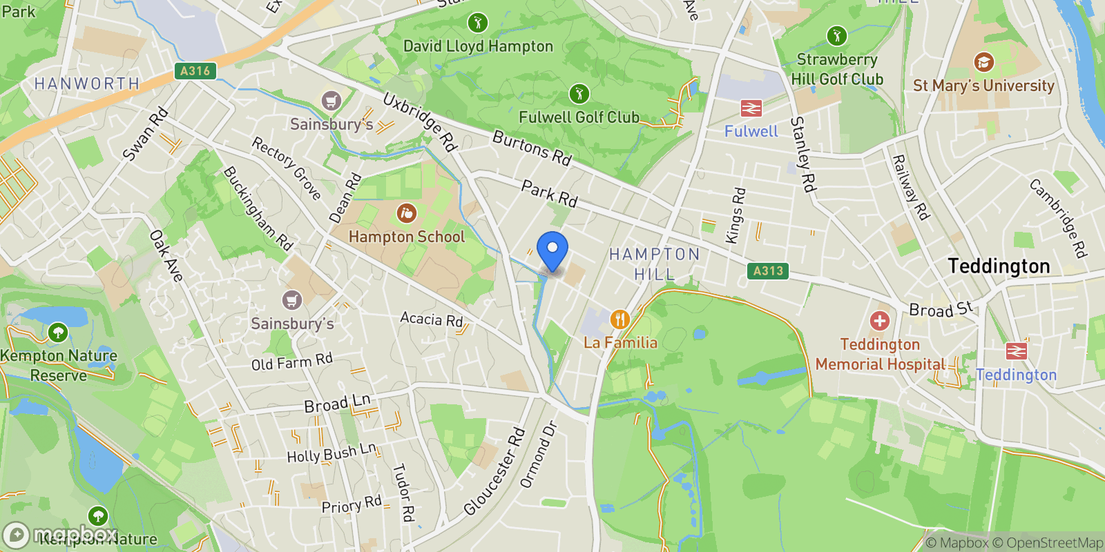 Map showing Windmill Road, Hampton Hill, Hampton Hill, England, United Kingdom.
