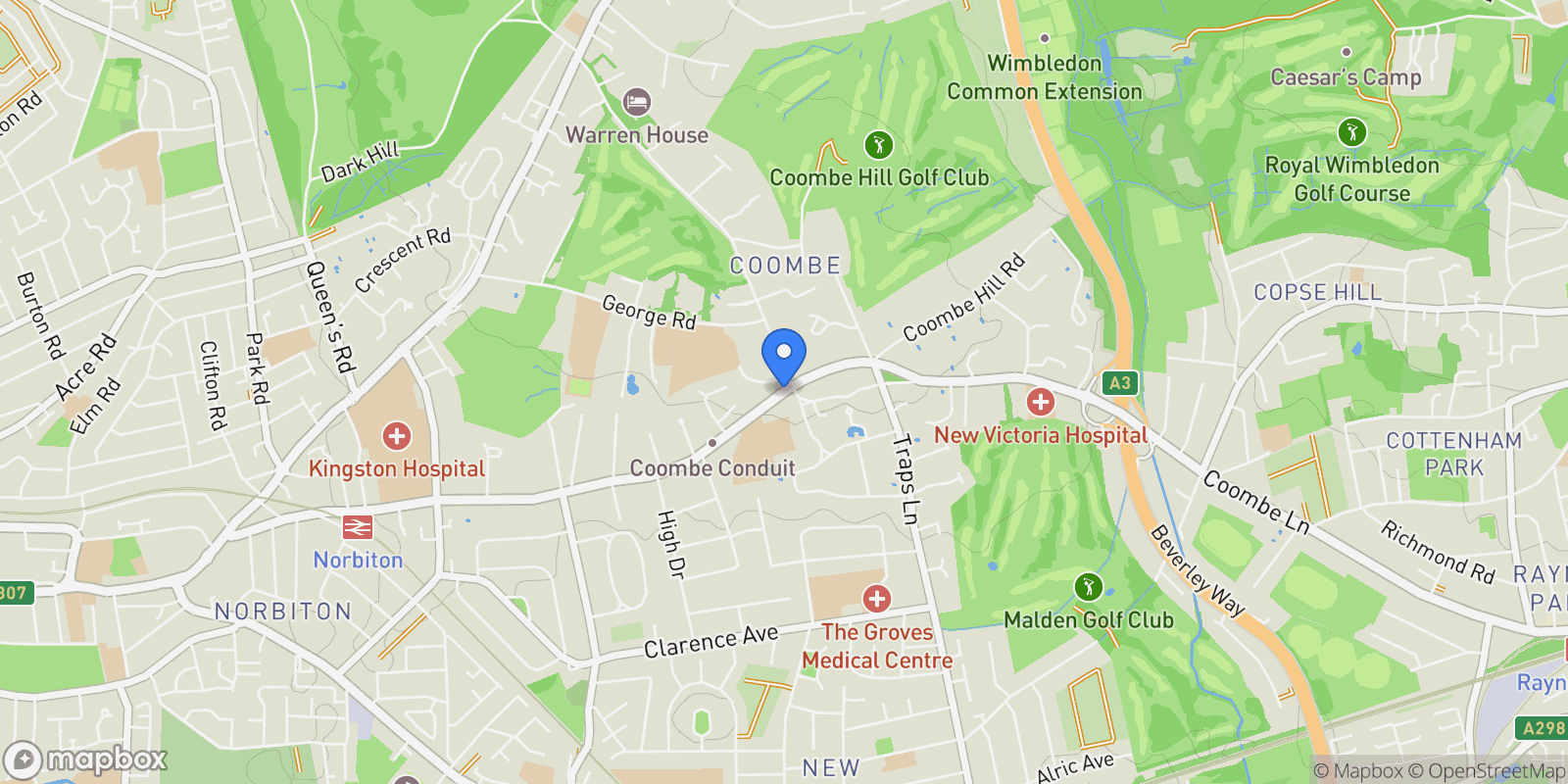 Map showing Coombe Lane West, Kingston upon Thames, England, United Kingdom.