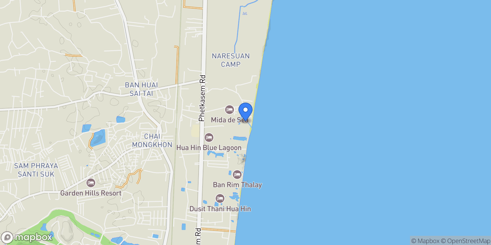 Map showing Prachuap Khiri Khan,, Cha-am, Phetchaburi, Thailand.