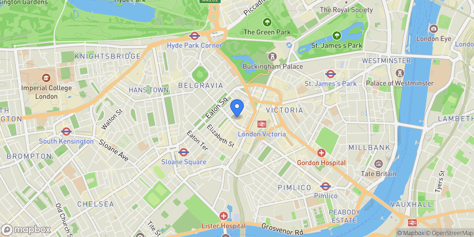 Map showing 50 Ebury St, London SW1W 0LU, UK, London, England, United Kingdom.