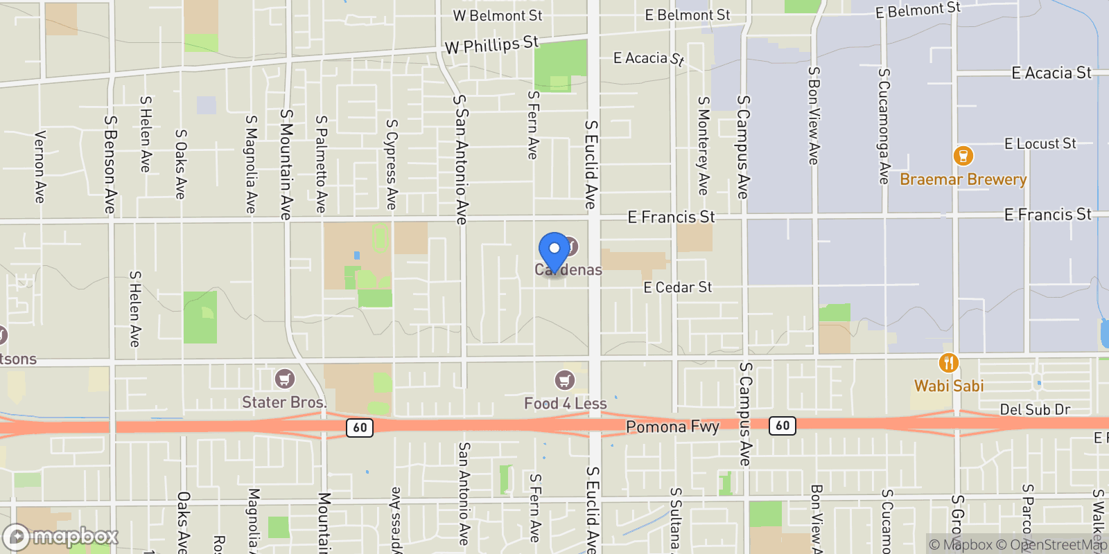 Map showing 1949 S Palm Place, Ontario, CA 91762, Ontario, California, United States.