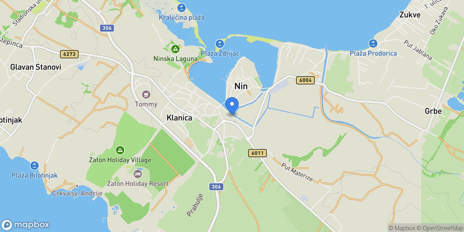 Map showing Nin, Zadar County, Croatia.