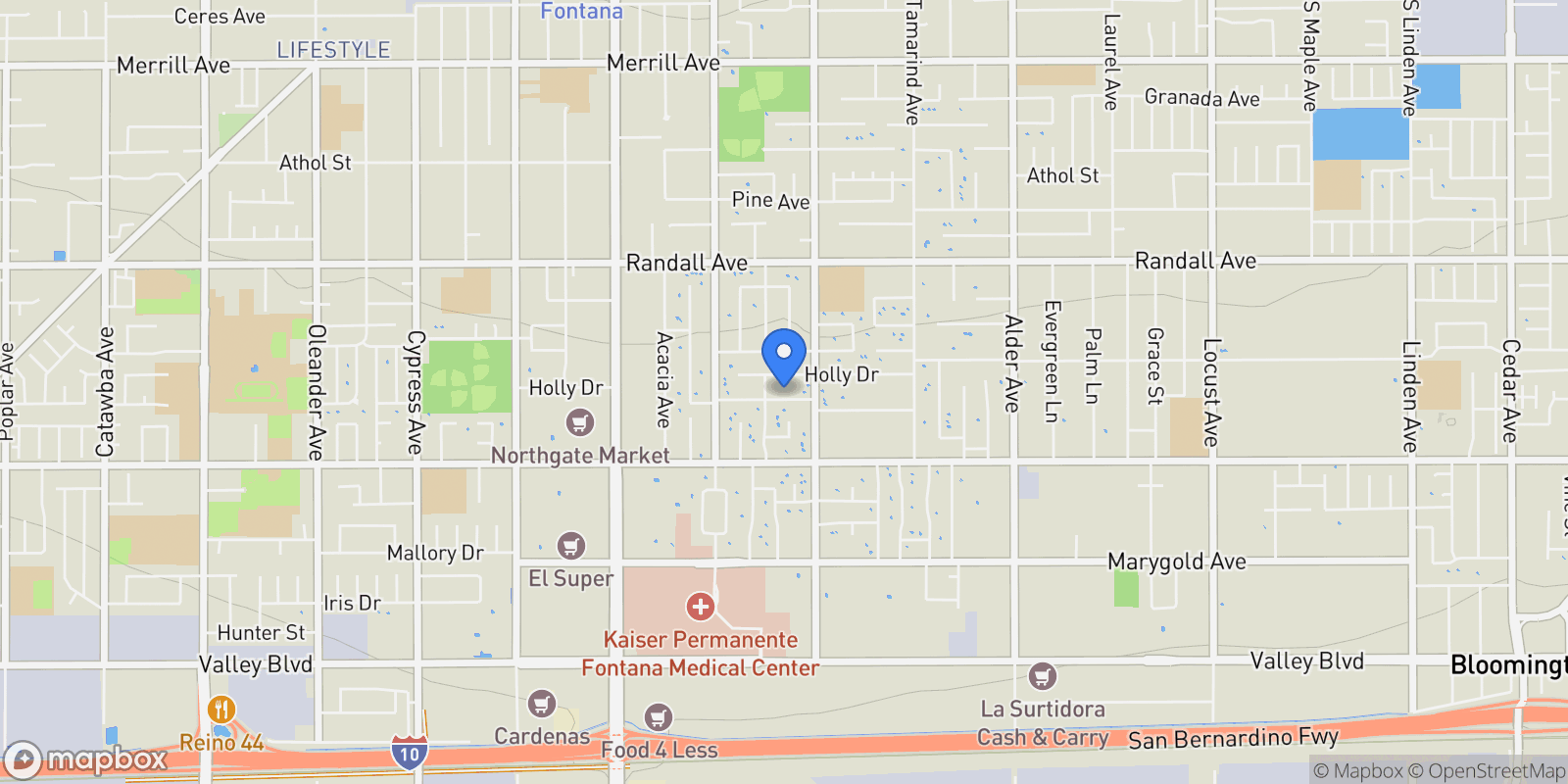 Map showing 17238 Manzanita Dr, Fontana, CA 92335, Fontana, California, United States.