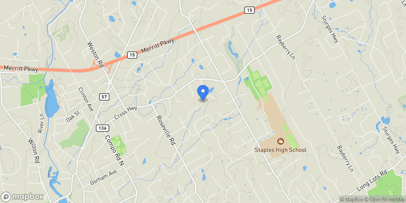 Map showing 17 Clover Lane, Westport, CT 06880, Westport, Connecticut, United States.