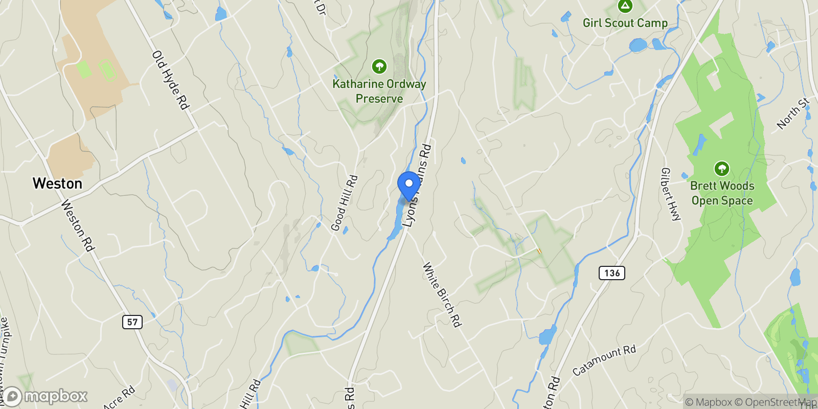 Map showing 136 Lyons Plain Road, Weston, CT 06883, Weston, Connecticut, United States.