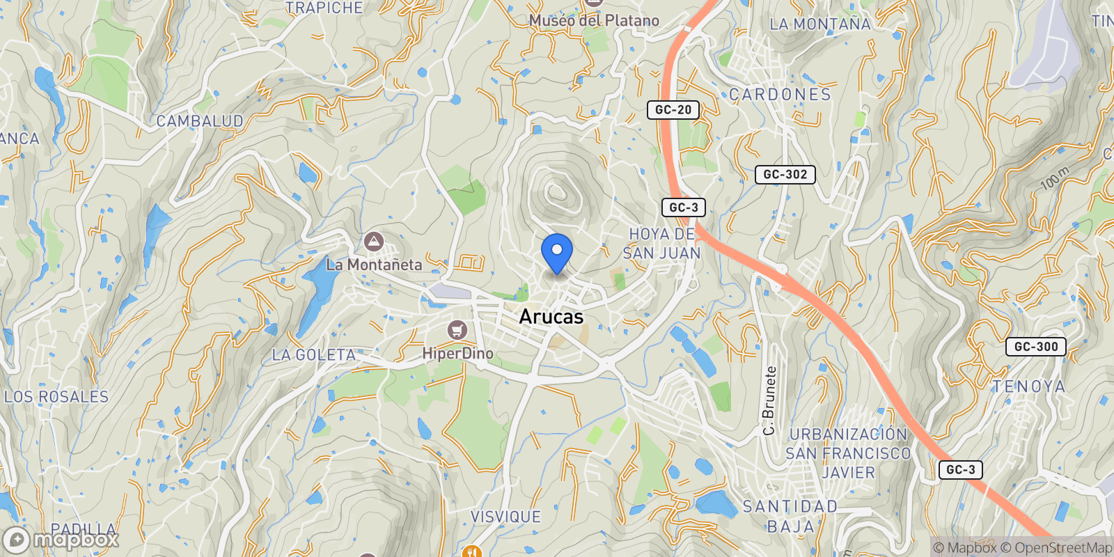 Map showing Arucas Casco, Arucas, LAS PALMAS, Arucas, Arucas, Canary Islands, Spain.