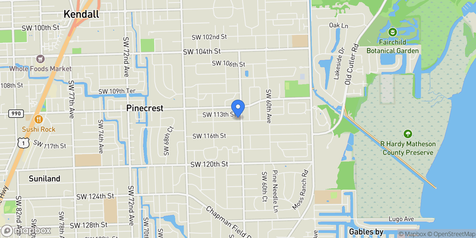 Map showing 6201 SW 114th St, Coral Gables, Florida, United States.