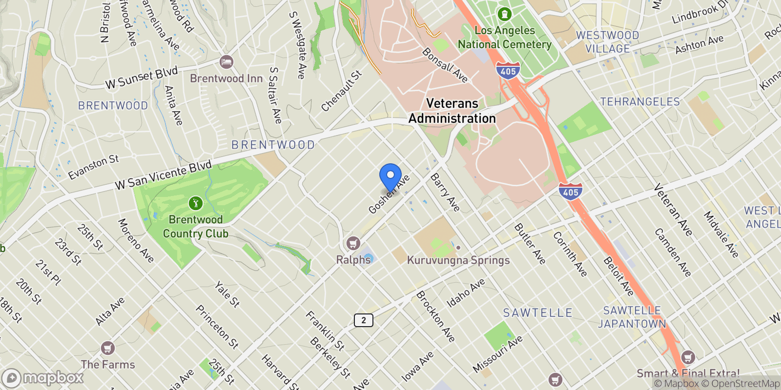 Map showing 11822 Goshen Avenue 301, Los Angeles, California, United States.