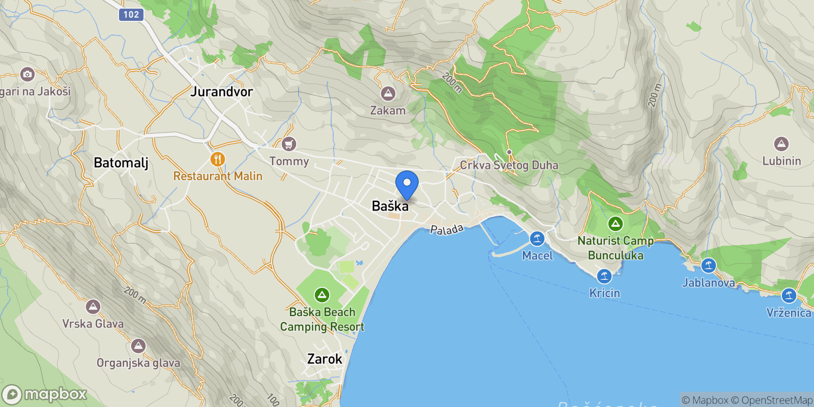 Map showing Baska, Primorje-Gorski Kotar County, Croatia.