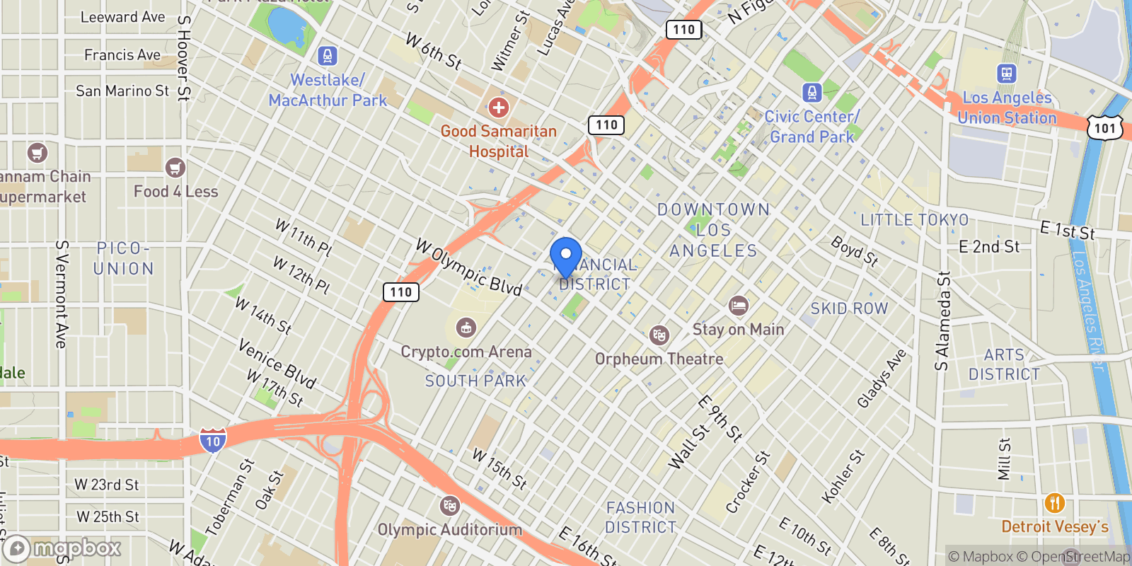 Map showing 600 W 9th Street 1502, Los Angeles, California, United States.
