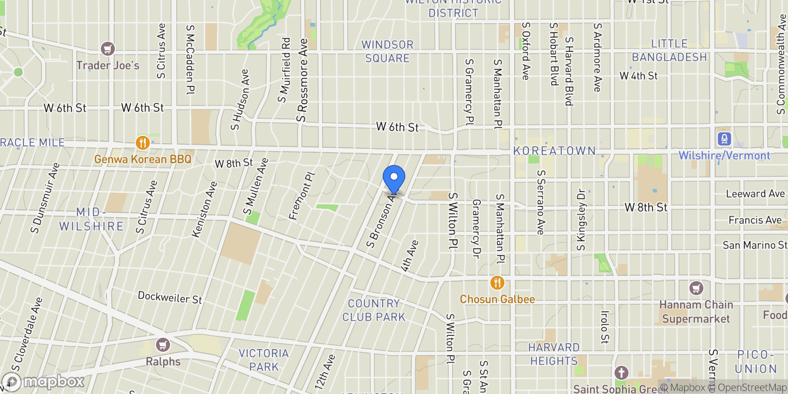 Map showing 800 S Bronson Avenue, Los Angeles, California, United States.
