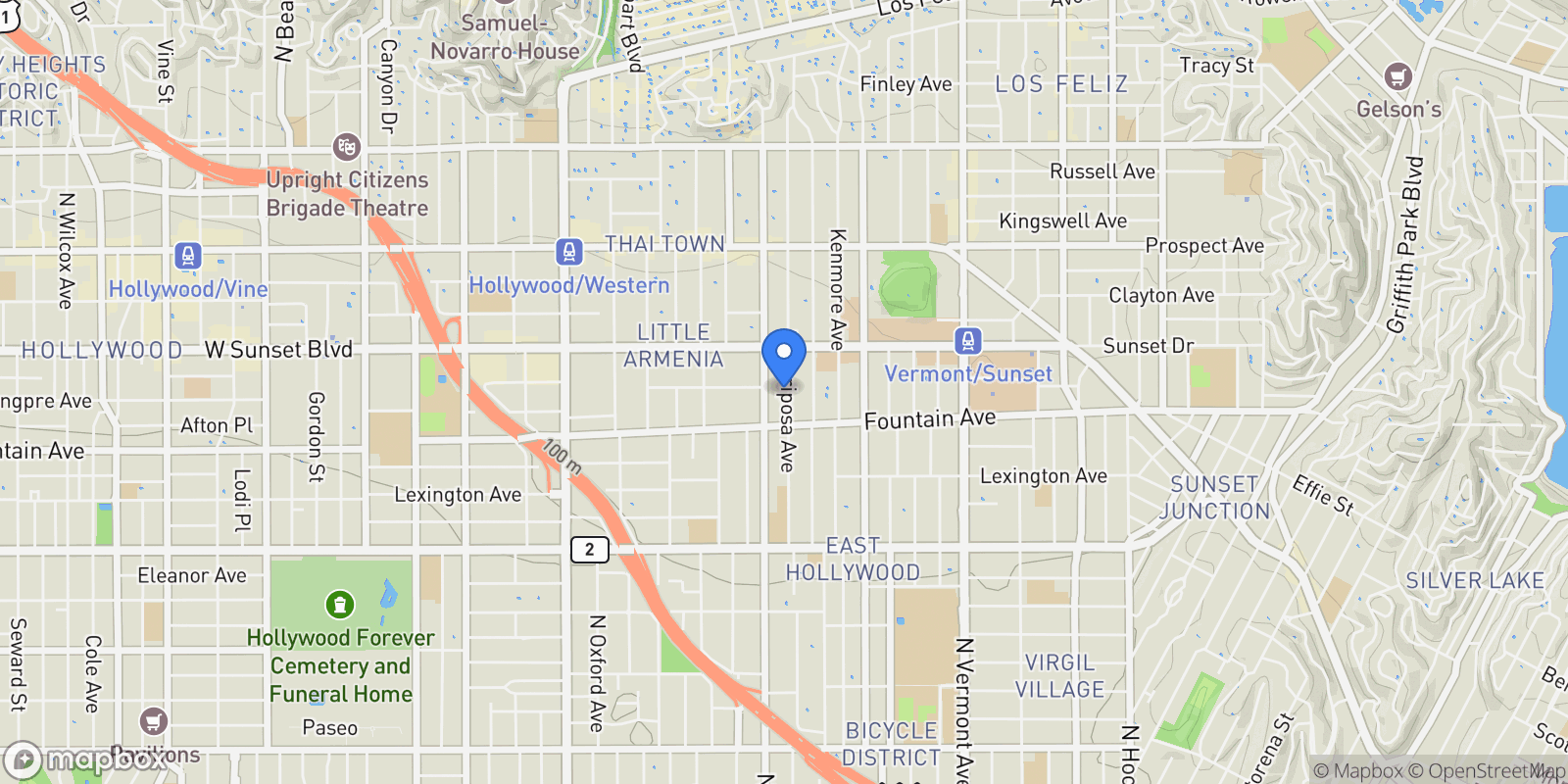 Map showing 1341 N Mariposa Avenue, Los Angeles, California, United States.
