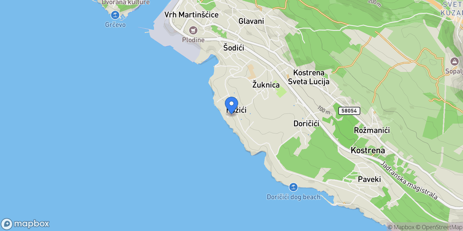 Map showing Kostrena, Primorje-Gorski Kotar County, Croatia.