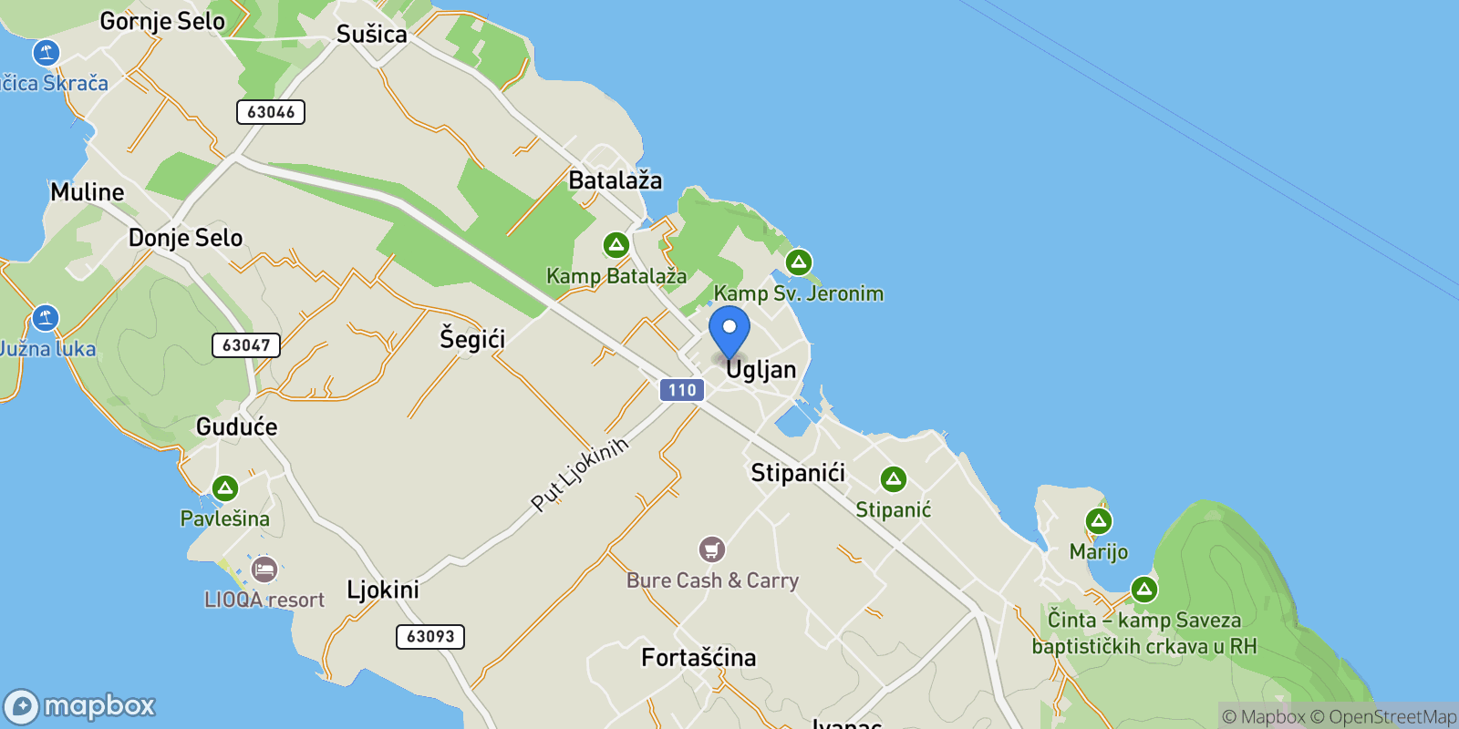 Map showing Ugljan, Zadar County, Croatia.