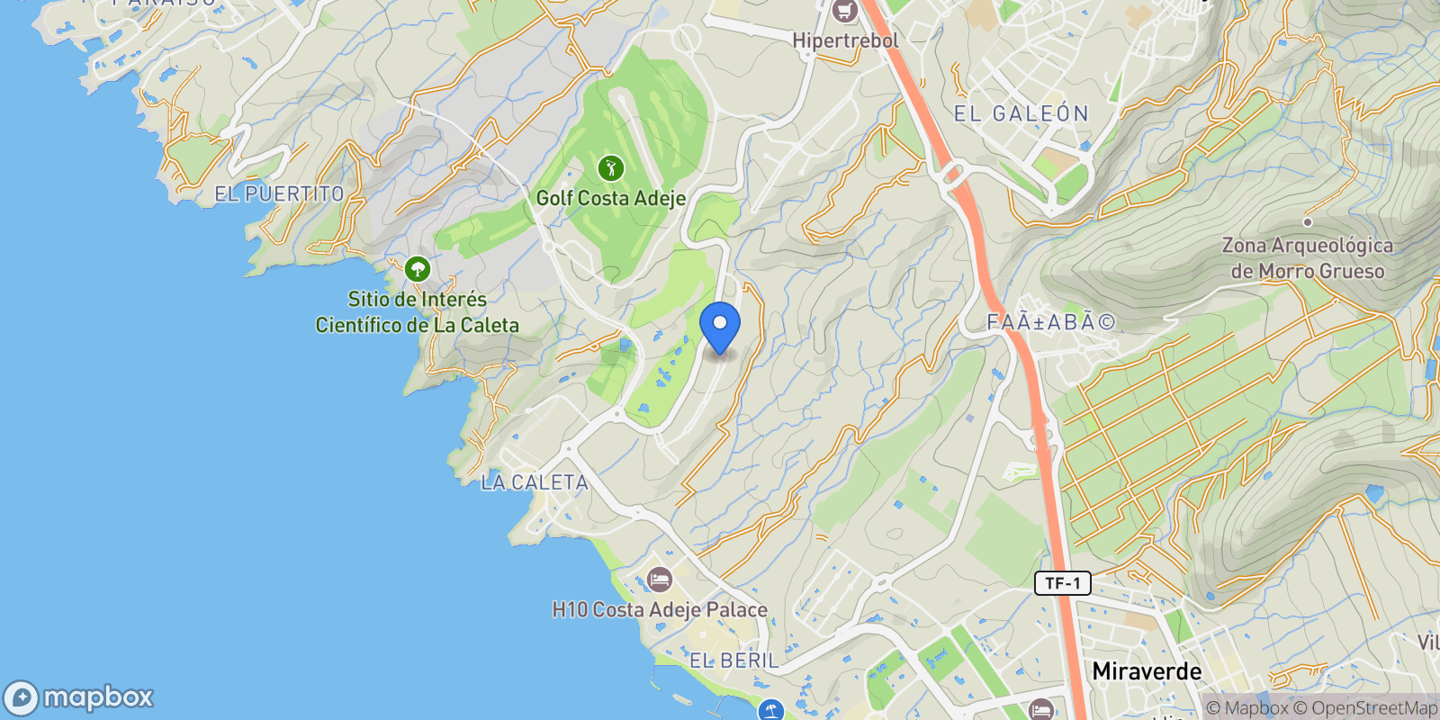 Map showing Av. de la Macaronesia, 38679, Santa Cruz de Tenerife, Spain, La Caleta, Adeje, Canary Islands.