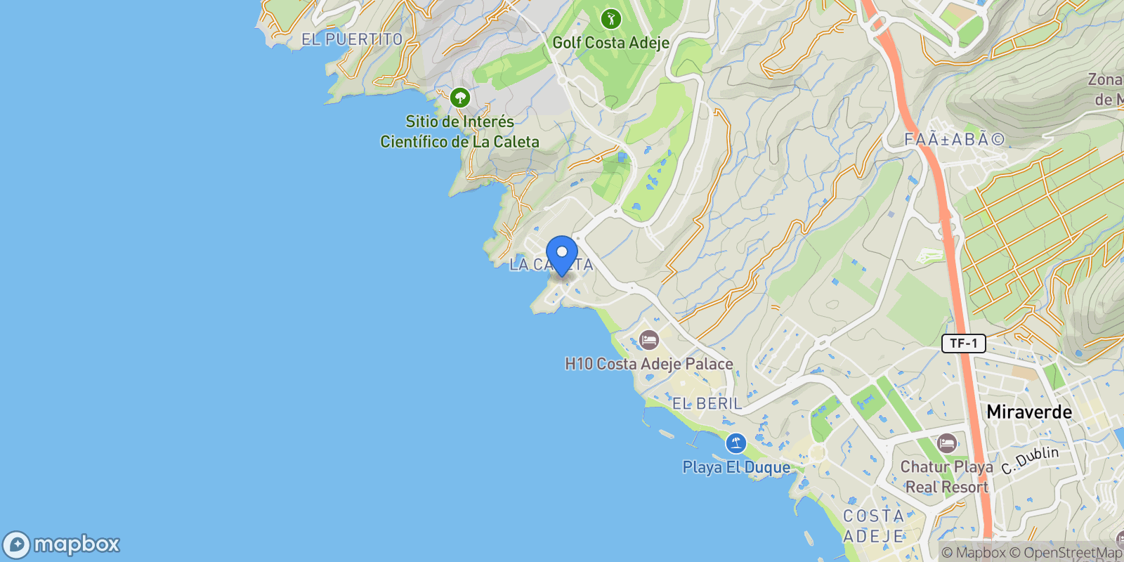 Map showing 38679 La Caleta, Santa Cruz de Tenerife, Spain, La Caleta, Adeje, Canary Islands.