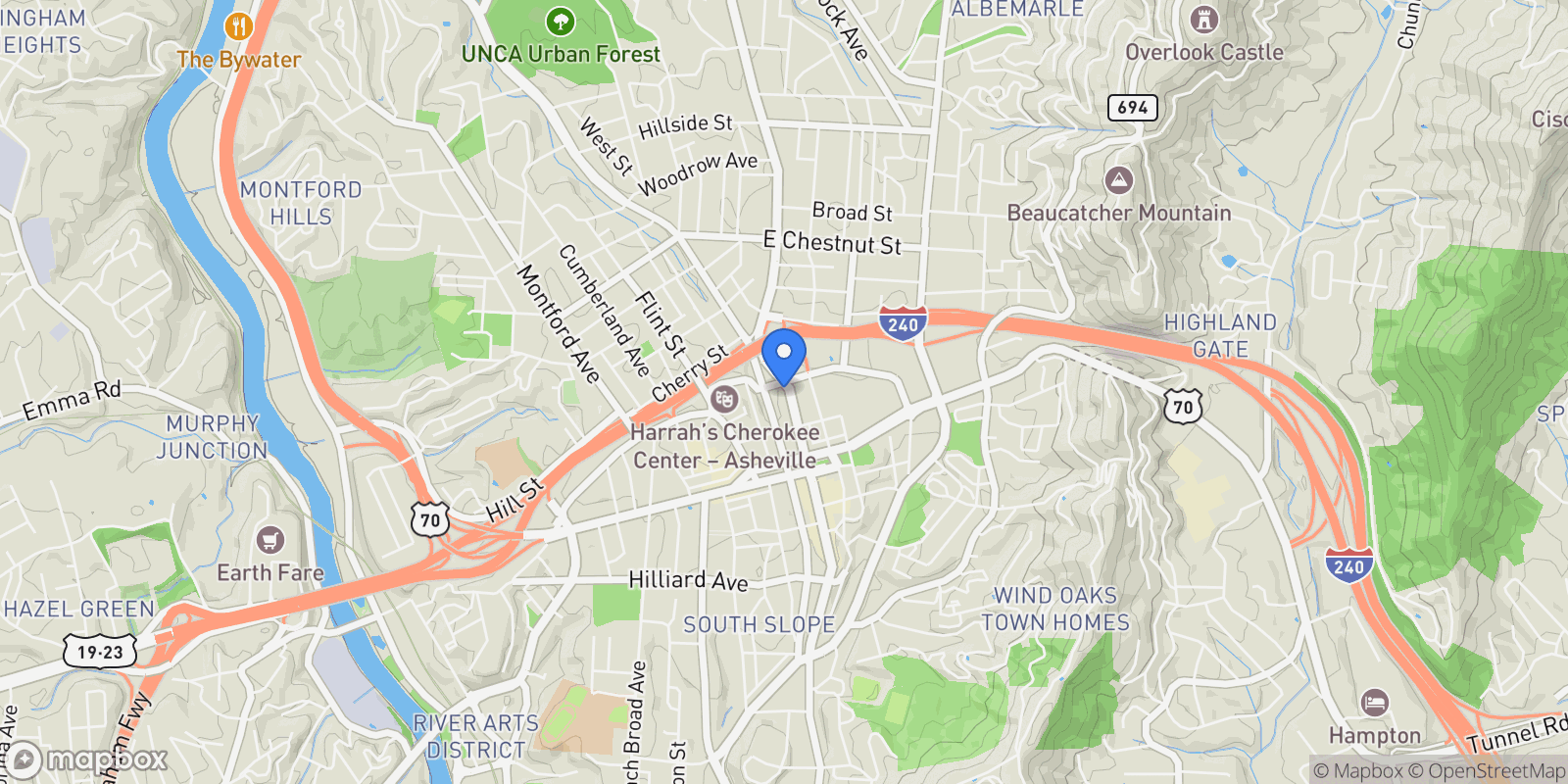 Map showing 75 Broadway, #301, Asheville, NC, 28801, USA, Asheville, North Carolina, United States.