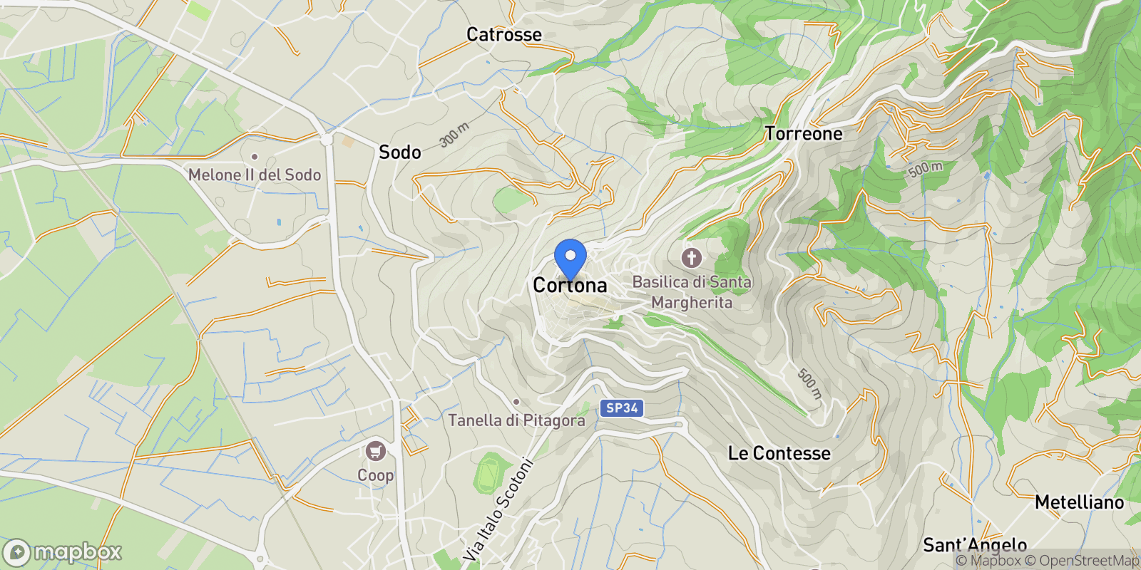 Map showing Cortona, Tuscany, Italy.