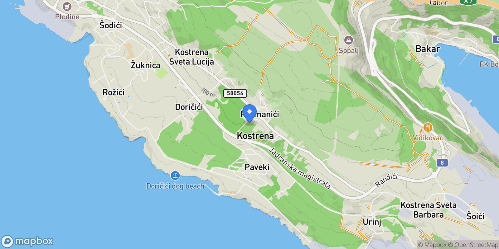 Map showing Kostrena, Primorje-Gorski Kotar County, Croatia.