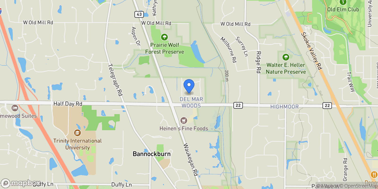 Map showing 11644 W Elmwood Place, Riverwoods, Illinois, United States.