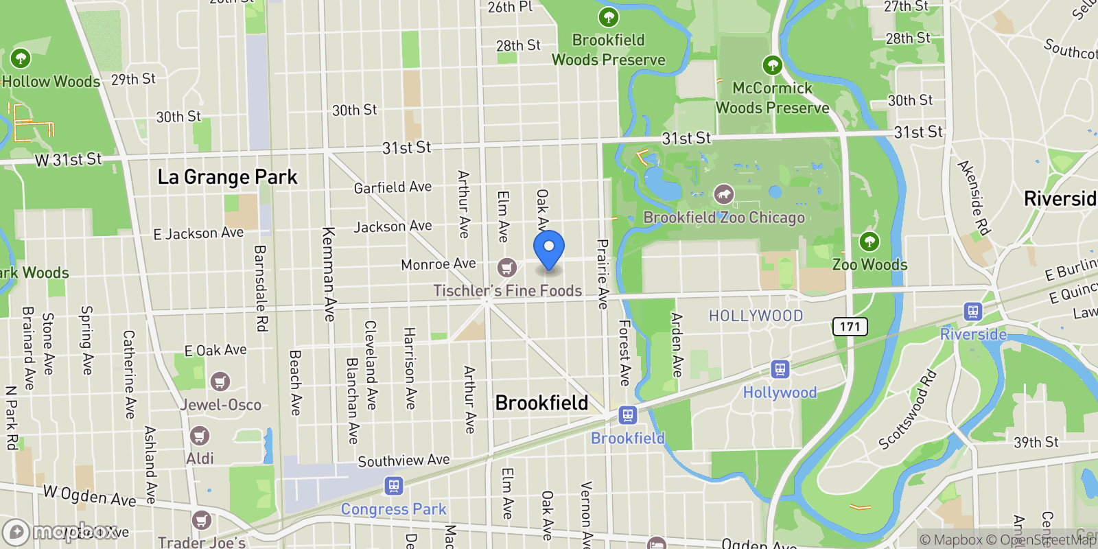 Map showing 3417 Oak Avenue, Brookfield, Illinois, United States.