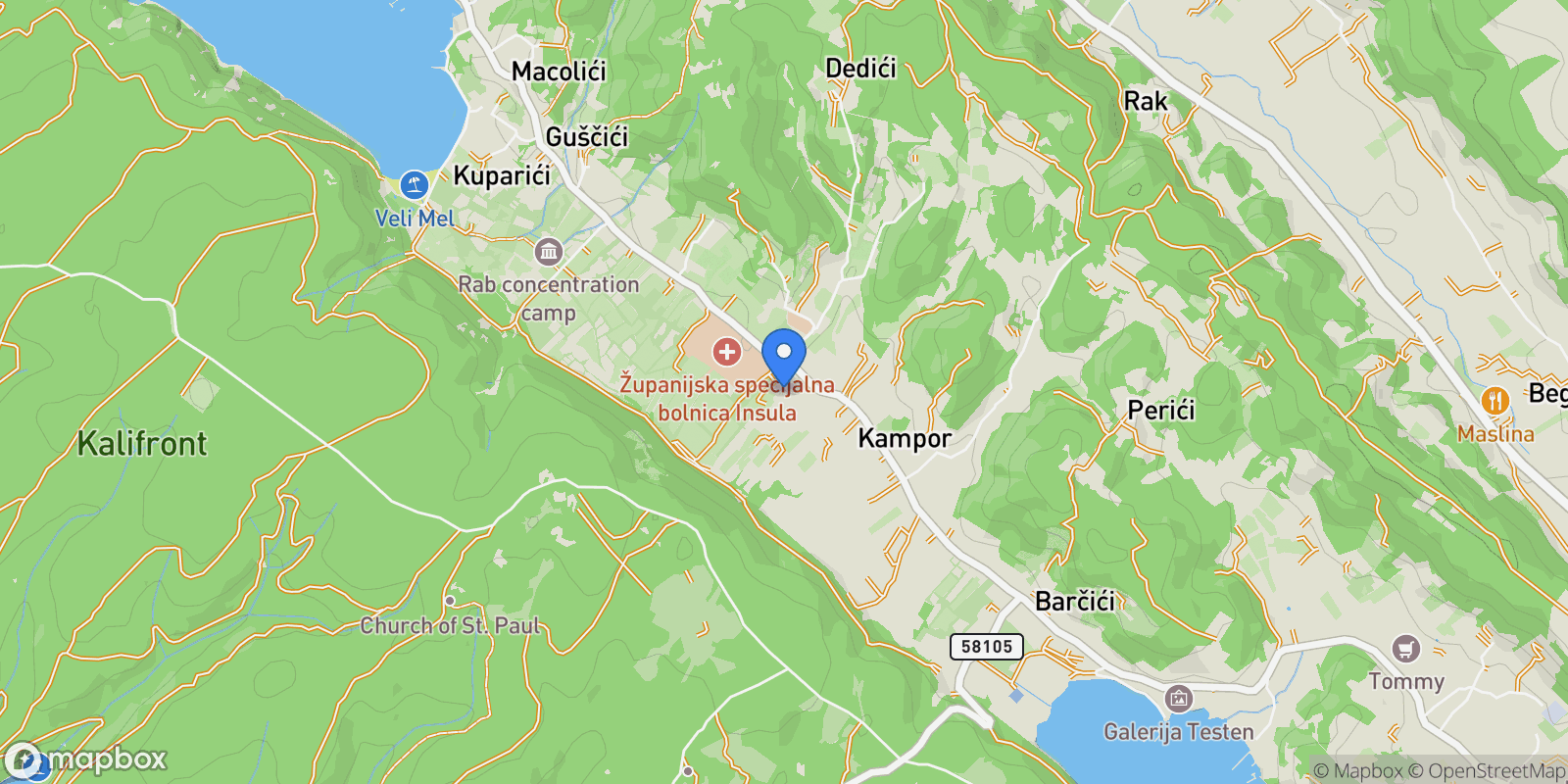 Map showing Kampor, Primorje-Gorski Kotar County, Croatia.