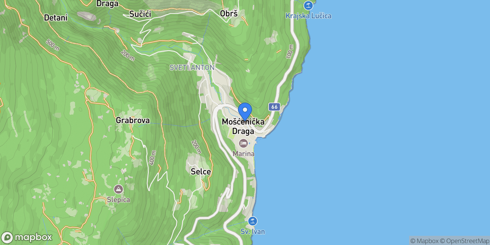 Map showing Opcina Moscenicka Draga, Primorje-Gorski Kotar County, Croatia.