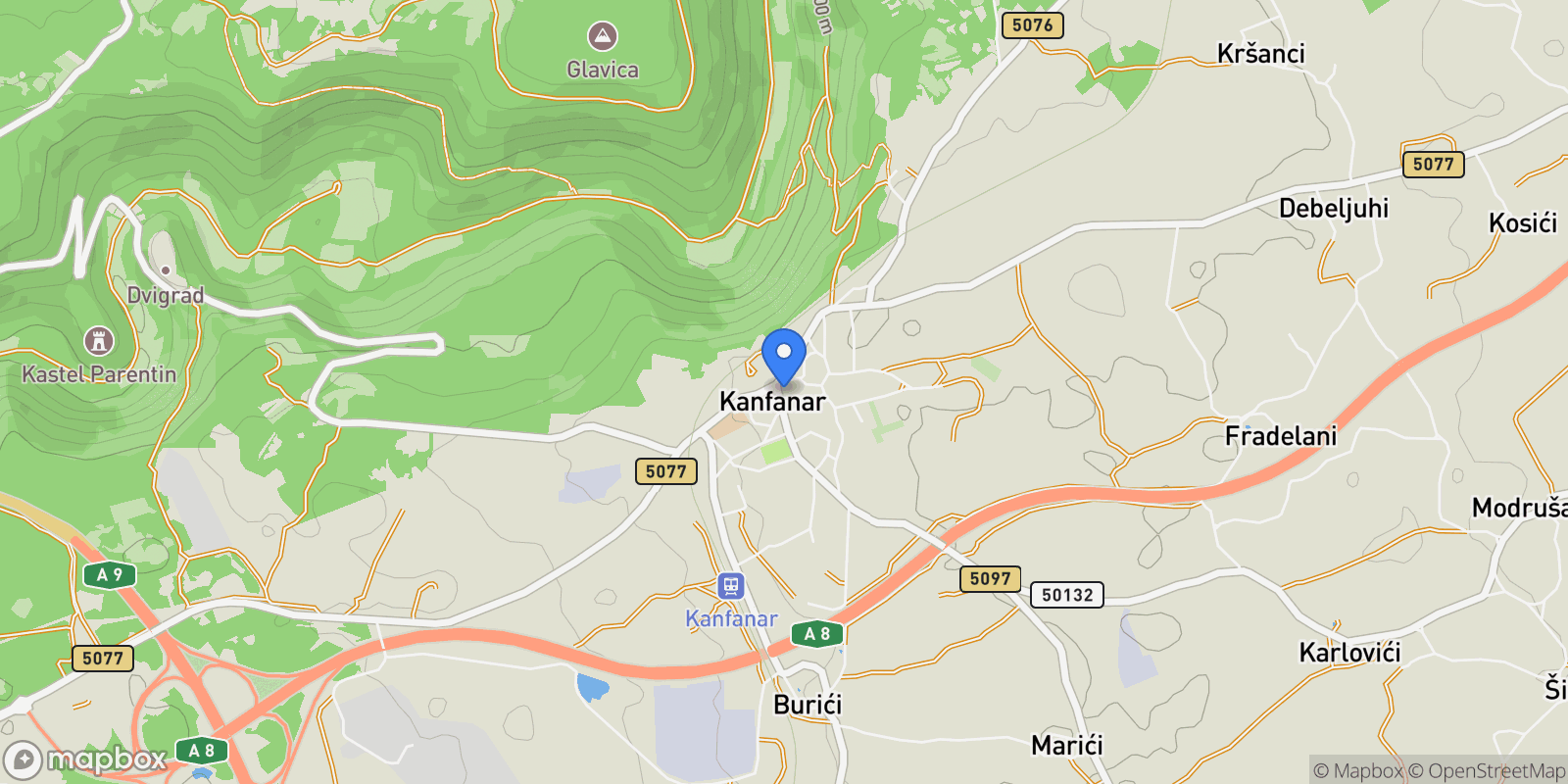 Map showing Kanfanar, Istria County, Croatia.