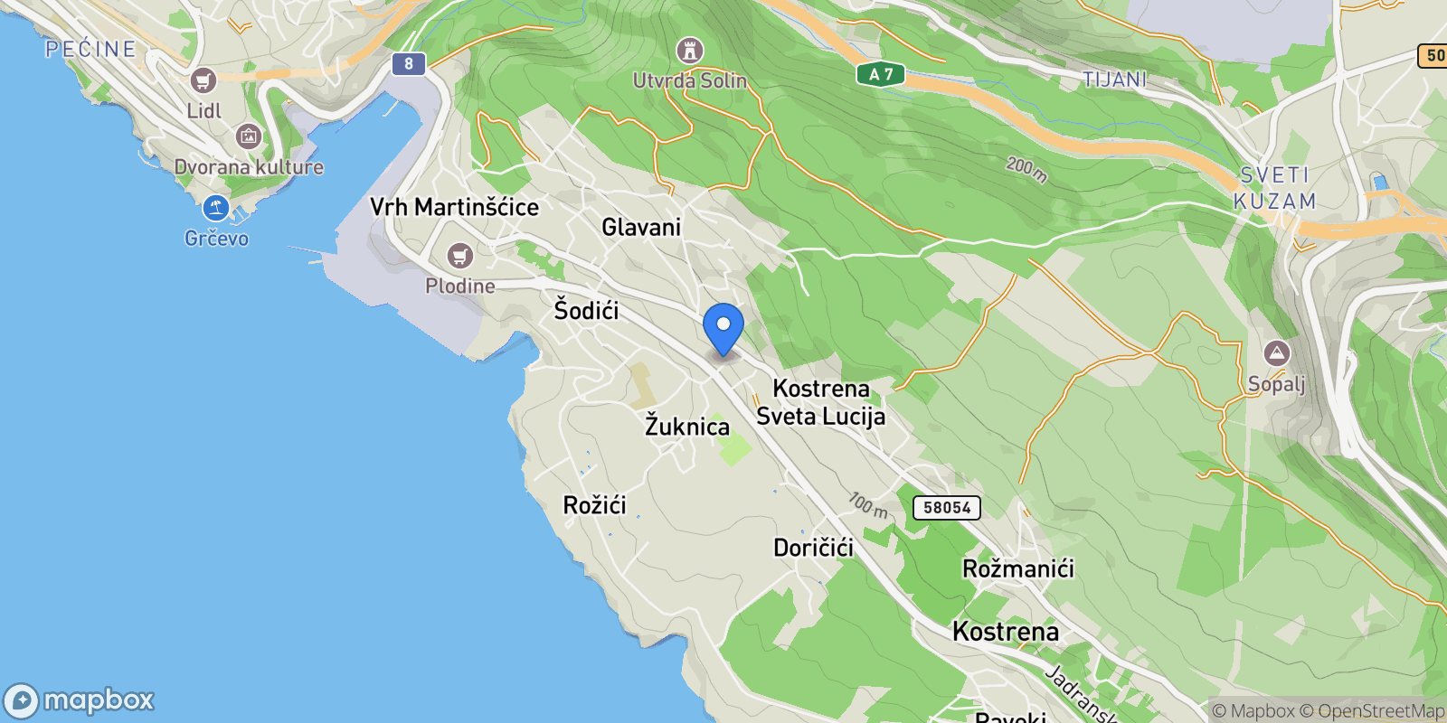 Map showing Kostrena, Primorje-Gorski Kotar County, Croatia.