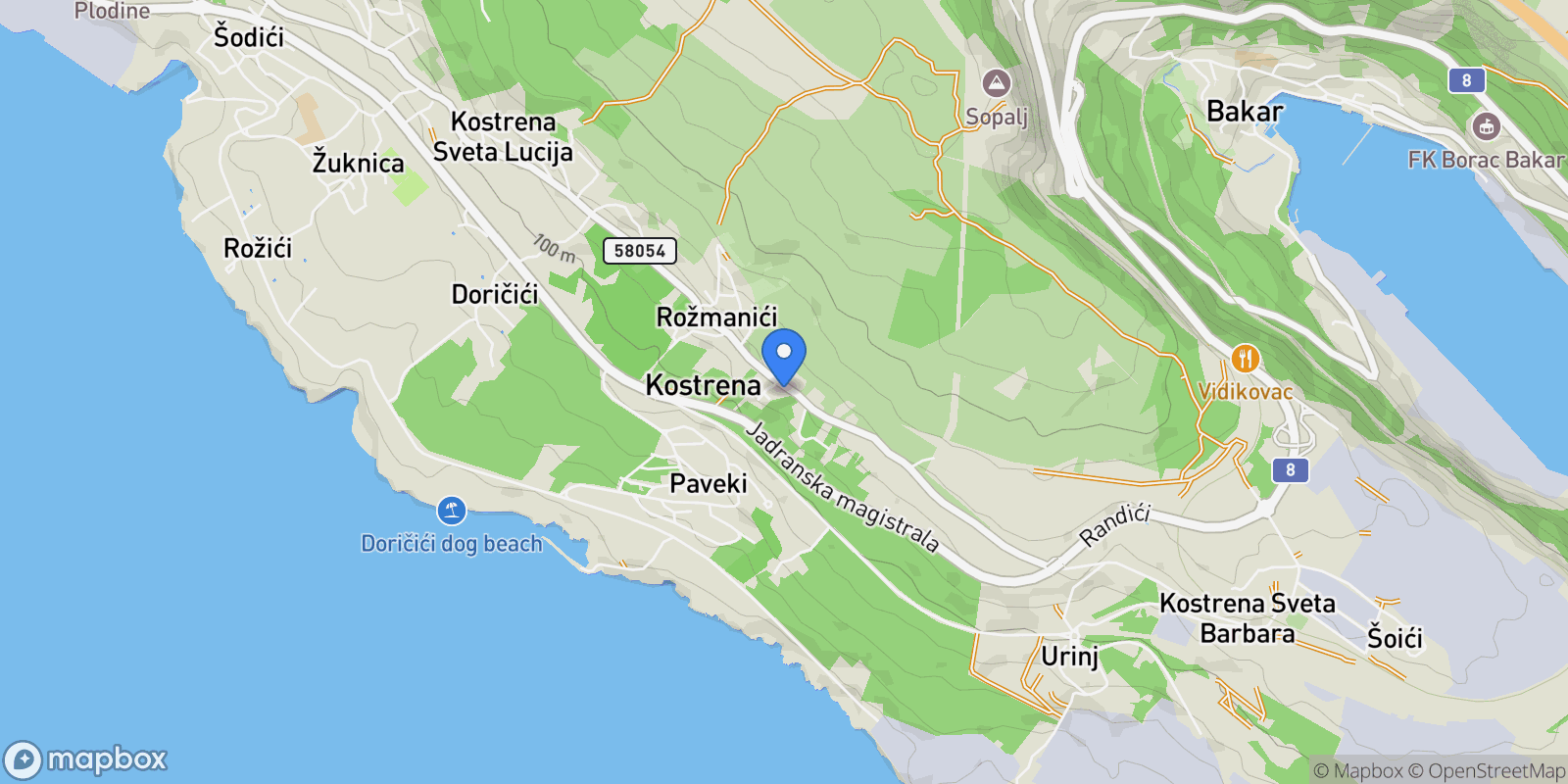 Map showing Kostrena, Primorje-Gorski Kotar County, Croatia.