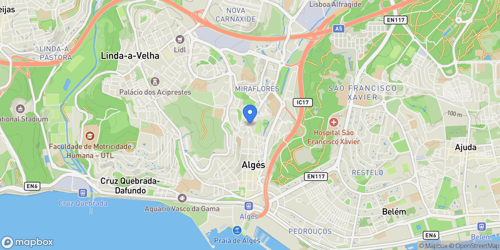 Map showing Estr. Romeiras, 1495 Algés, Portugal, Alges, Linda-a-Velha e Cruz Quebrada-Dafundo, Lisbon, Portugal.