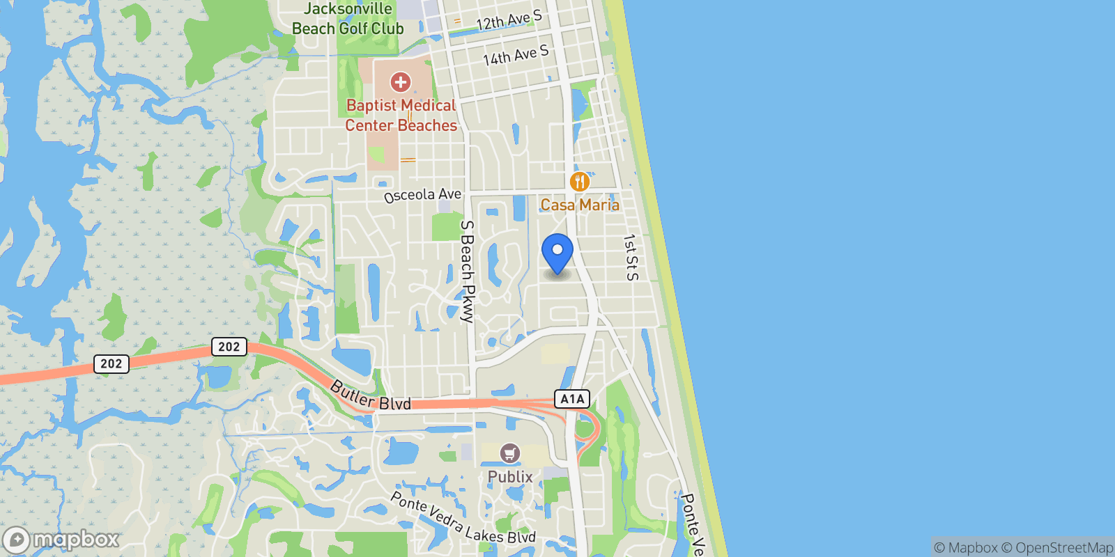 Map showing 393 34TH Avenue S, Jacksonville Beach, Florida, United States.