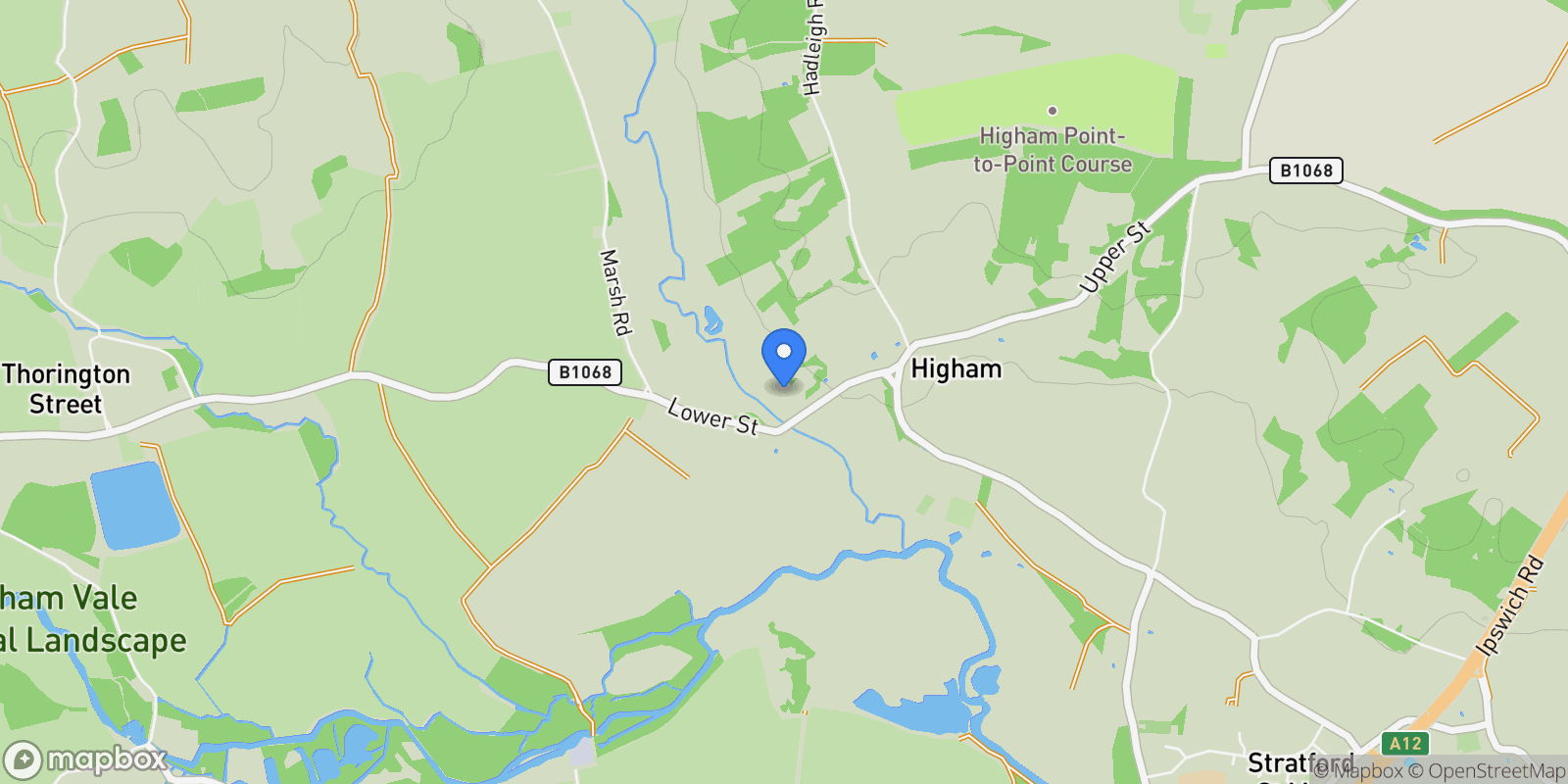 Map showing Lower Street, Higham, Colchester, Higham, England, United Kingdom.