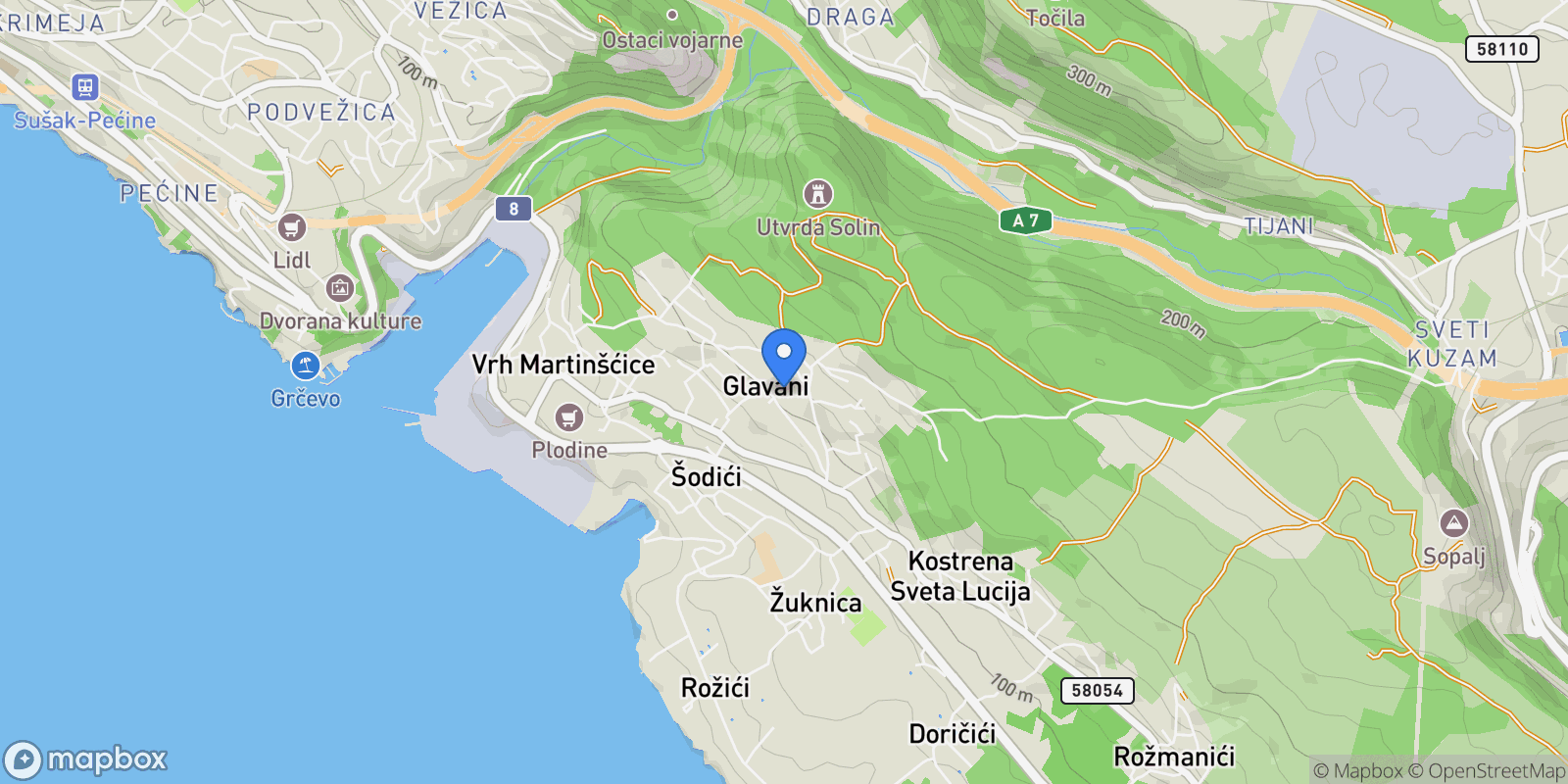 Map showing Kostrena, Primorje-Gorski Kotar County, Croatia.