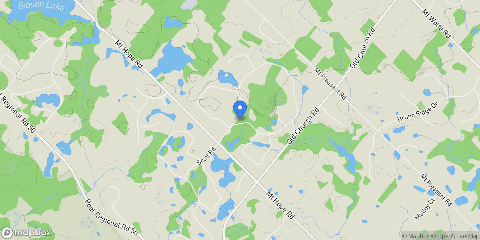 Map showing 12 Matson Dr, Caledon, ON L7E 0A9, Bolton, Ontario, Canada.