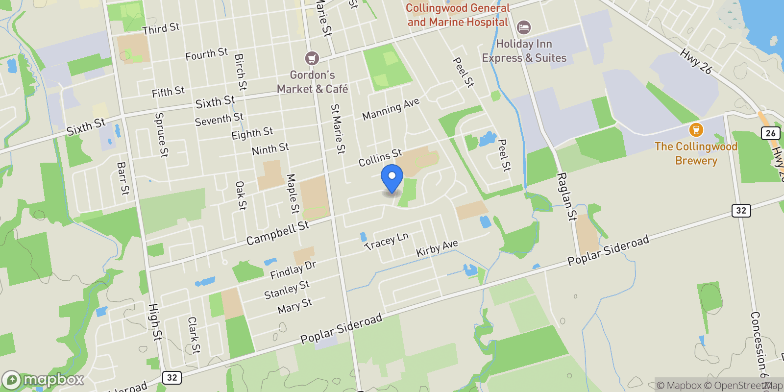 Map showing 30 Bryan Drive, Collingwood, ON L9Y 2K7, Collingwood, Ontario, Canada.