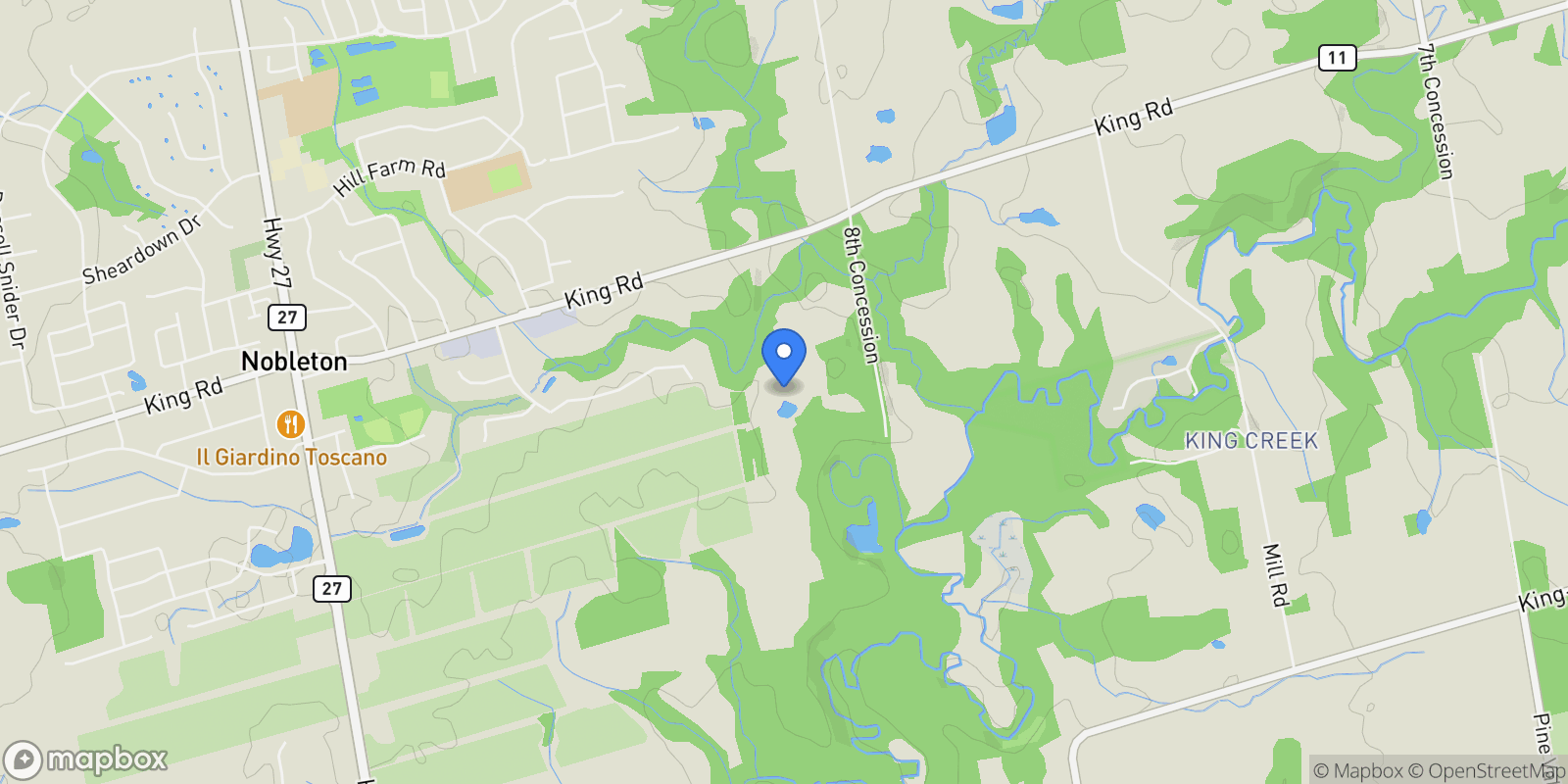 Map showing 12800 8th Concession, King, ON L7B 1K4, King City, Ontario, Canada.