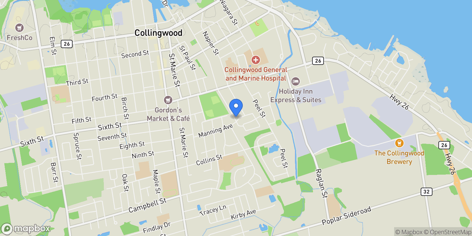 Map showing 491 Minnesota Street, Collingwood, ON L9Y 3S6, Collingwood, Ontario, Canada.