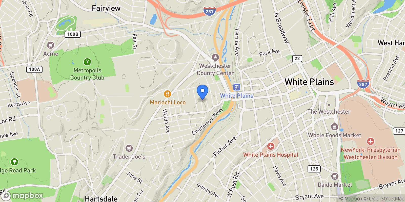 Map showing 54 Lincoln Avenue, White Plains, NY 10606, White Plains, New York, United States.