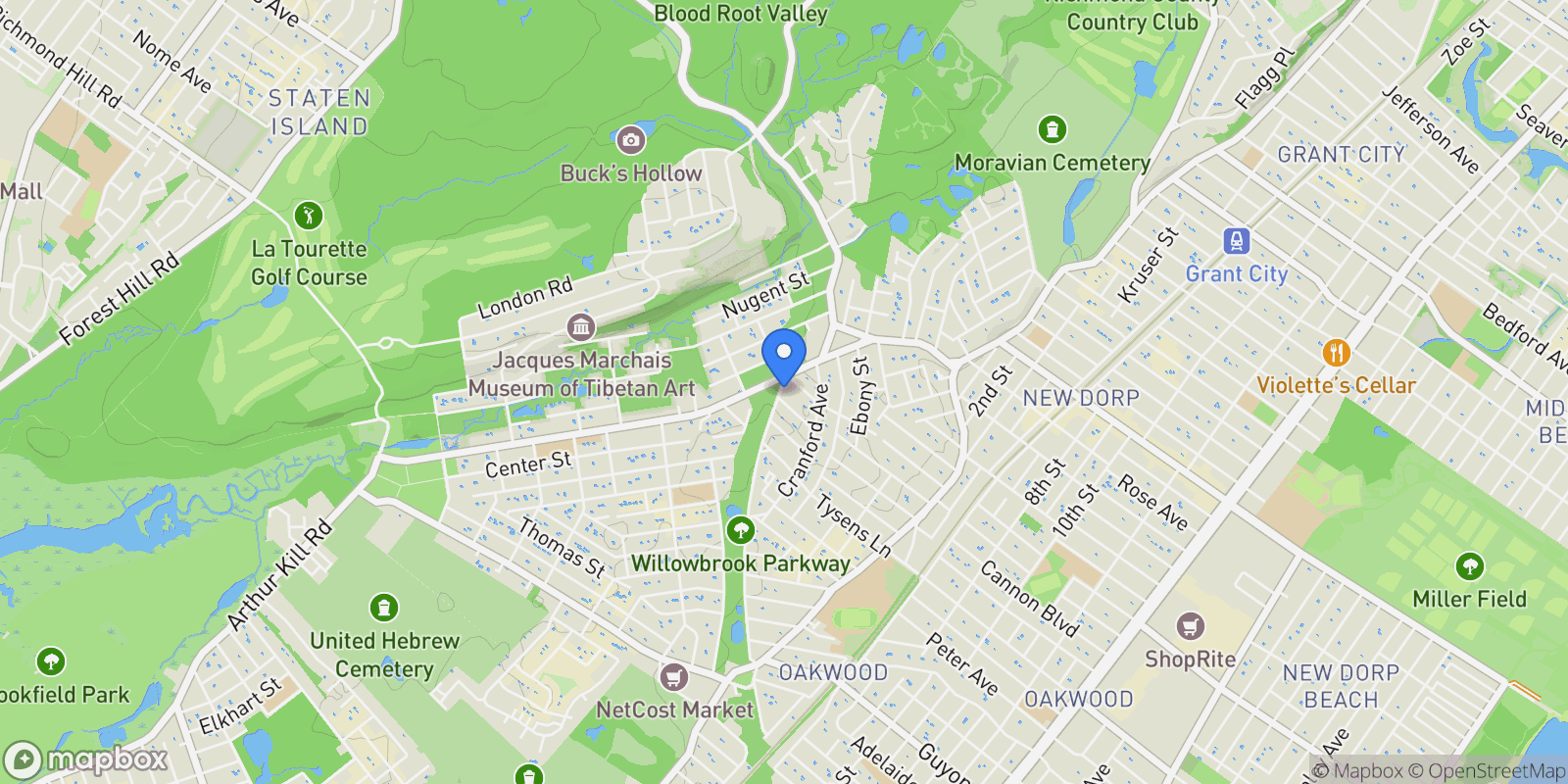Map showing 57 Joel Place, New York, New York, United States.