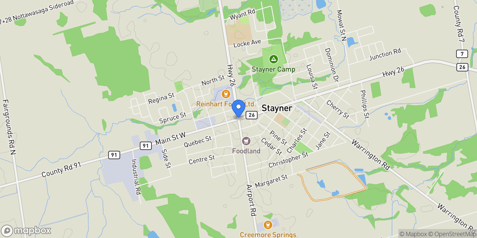 Map showing 2566 Concession 5 S, Clearview, ON L0M 1G0, Stayner, Ontario, Canada.