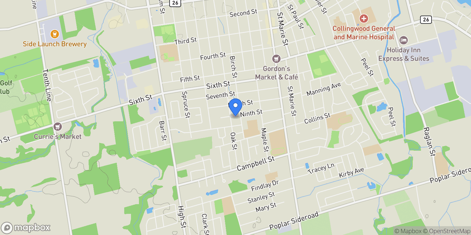 Map showing 196 Ninth Street, Collingwood, ON L9Y 2G5, Collingwood, Ontario, Canada.