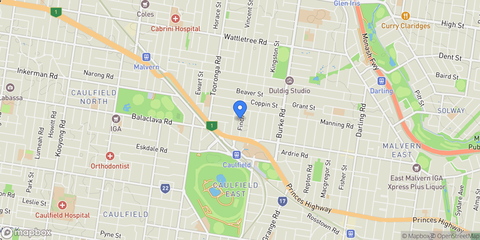 Map showing 15 Finch Street, Malvern East, VIC 3145, Malvern East, Victoria, Australia.
