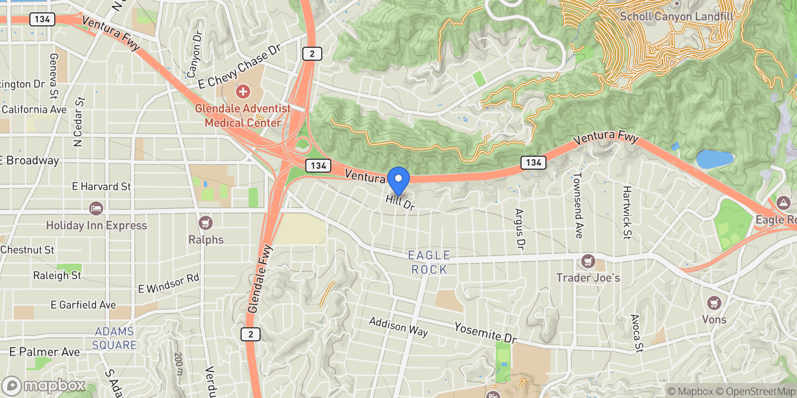 Map showing 2320 Hill Drive, Los Angeles, California, United States.