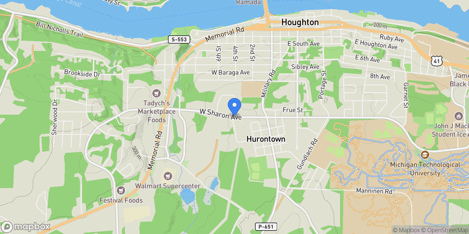 Map showing TBD Razorback, Houghton, MI 49931, Houghton, Michigan, United States.