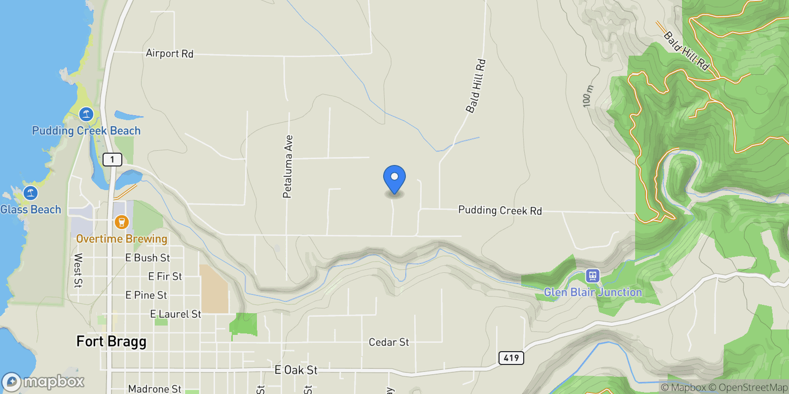 Map showing 21601 Hellman Lane, Fort Bragg, CA 95437, Fort Bragg, California, United States.