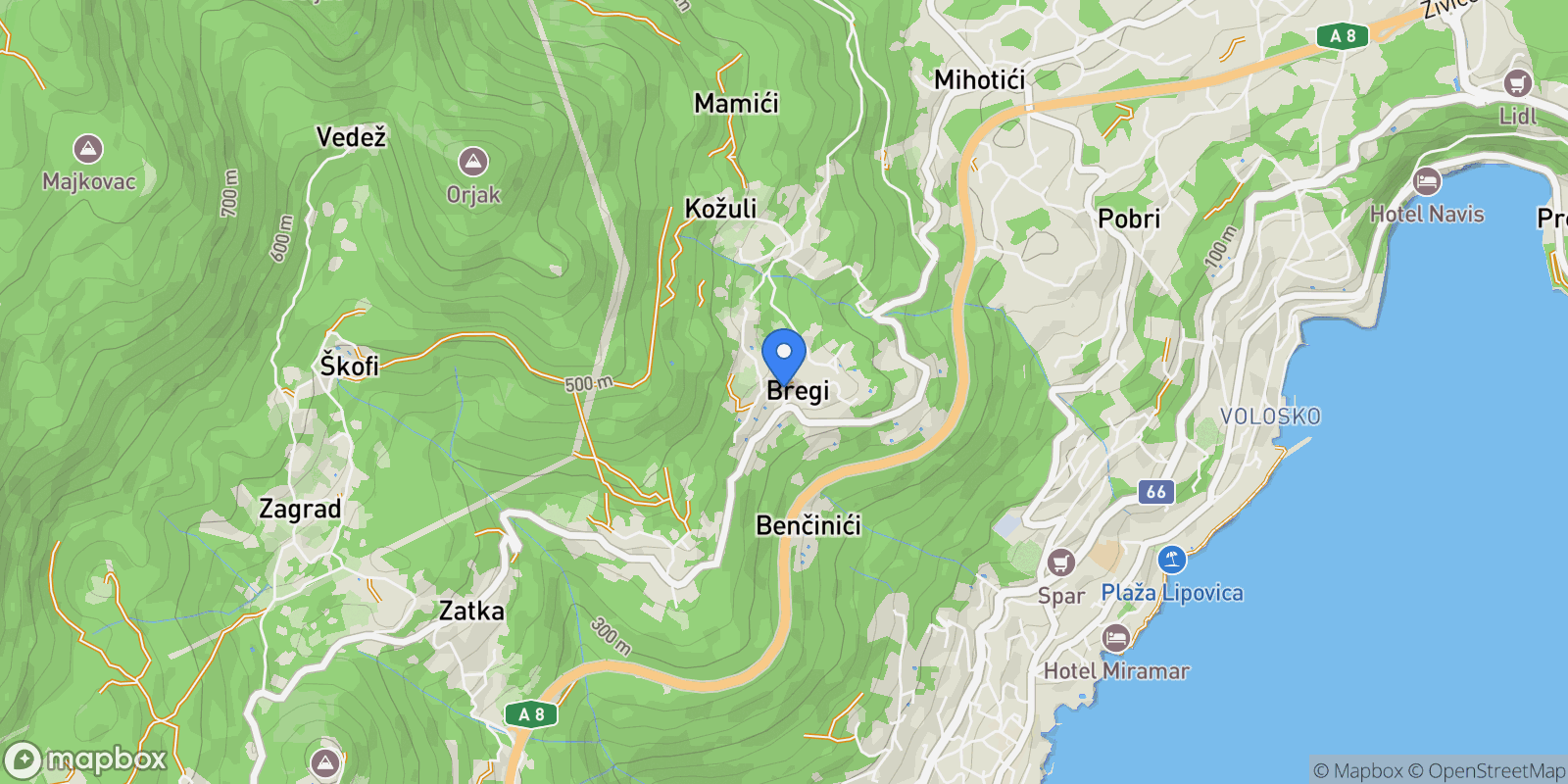 Map showing Opcina Matulji, Primorje-Gorski Kotar County, Croatia.