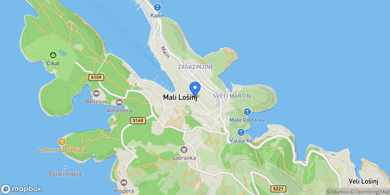Map showing Mali Losinj, Primorje-Gorski Kotar County, Croatia.